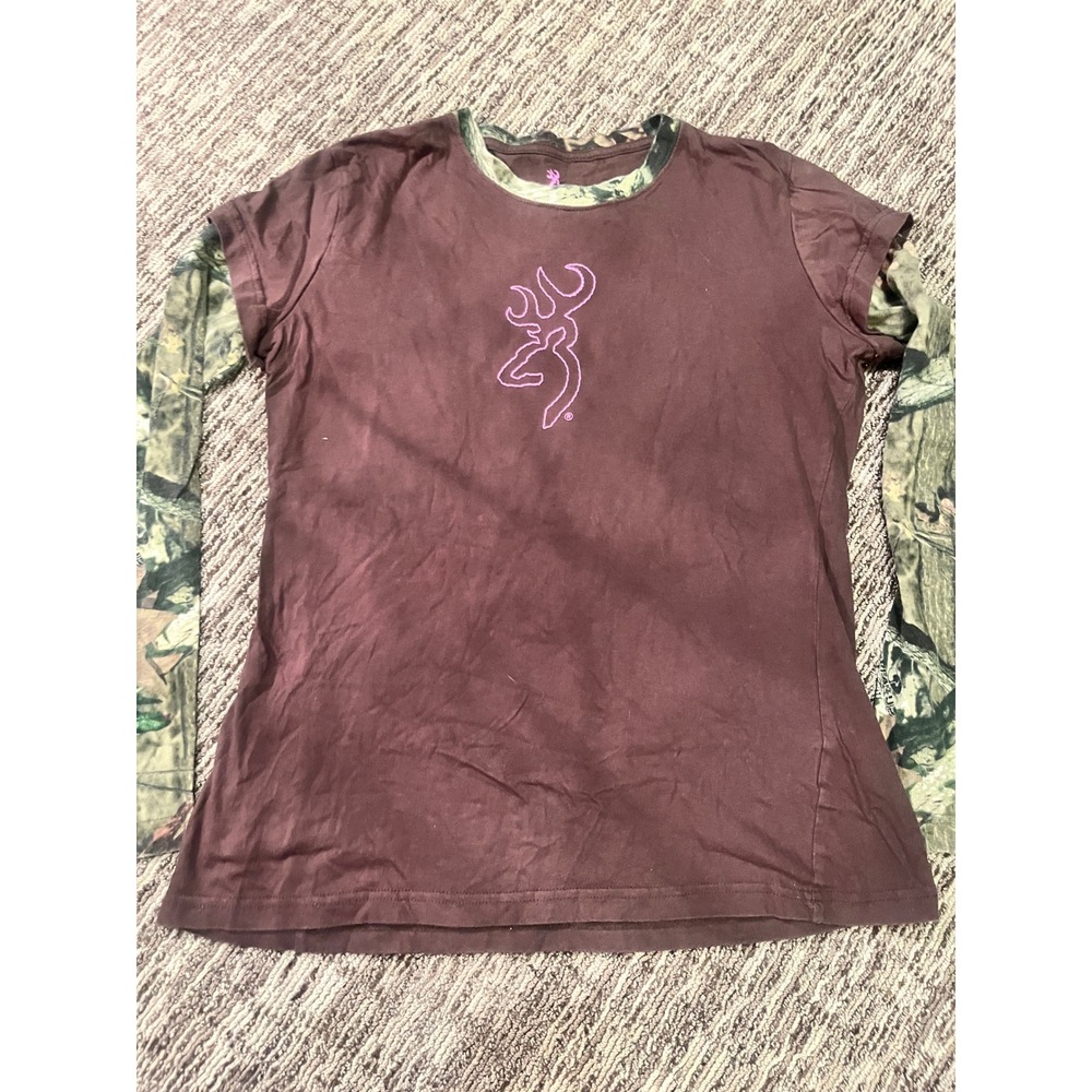 Browning Womens Camo Layered Long Sleeve Shirt Brown Pink Logo Size L